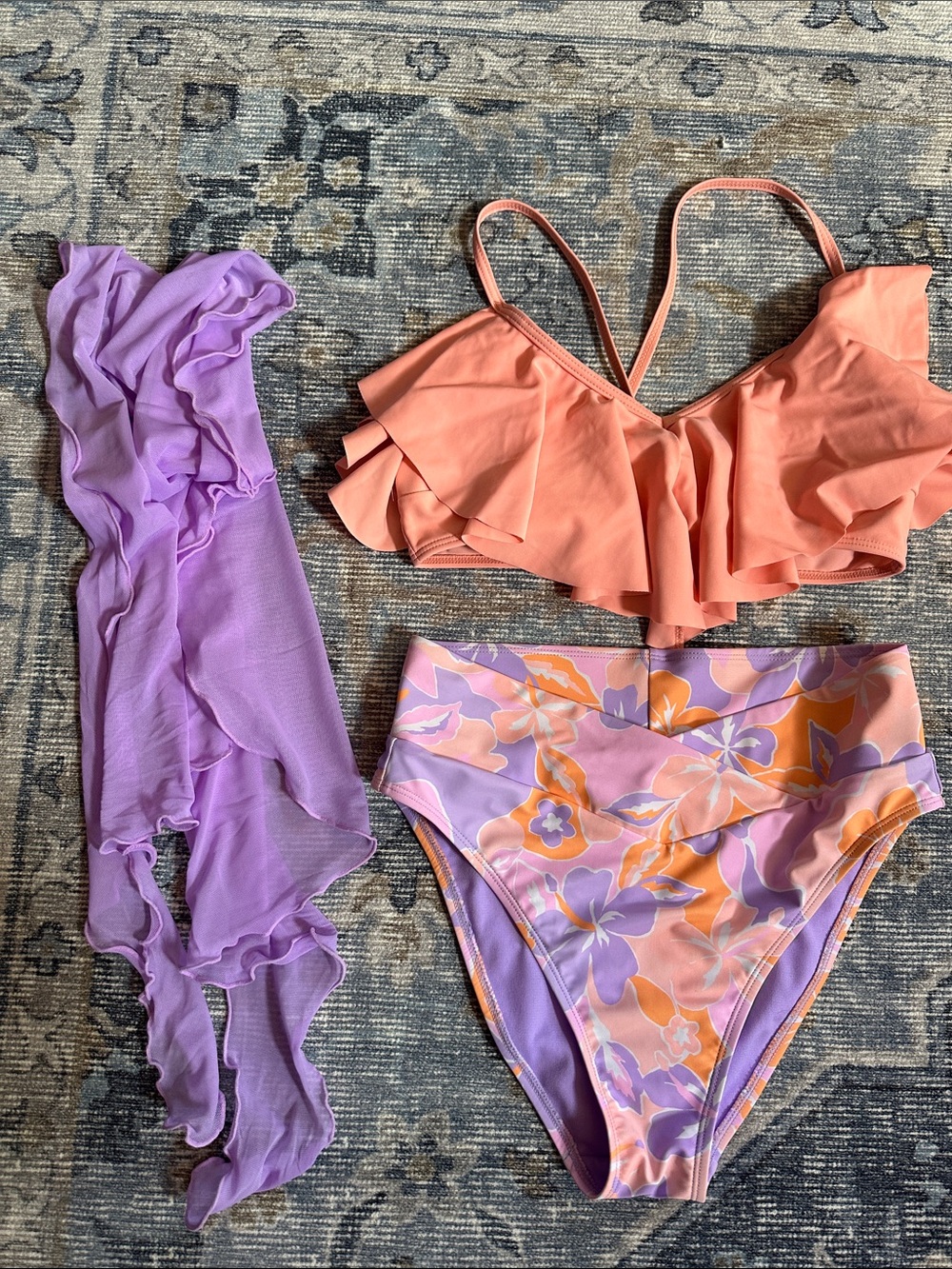 3 Piece Ruffled Peach Bikini Top with Lavender Floral High-Waist Bottoms